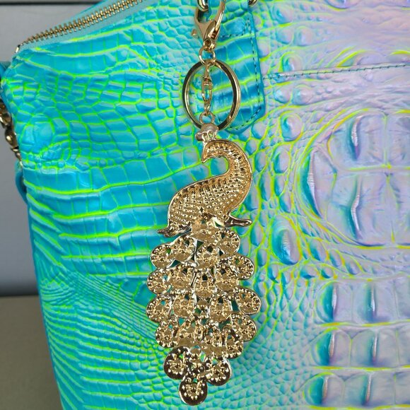 Colorful Peacock Crystal Rhinestone Gold Tone Metal Purse Charm and Key ring - Picture 5 of 9